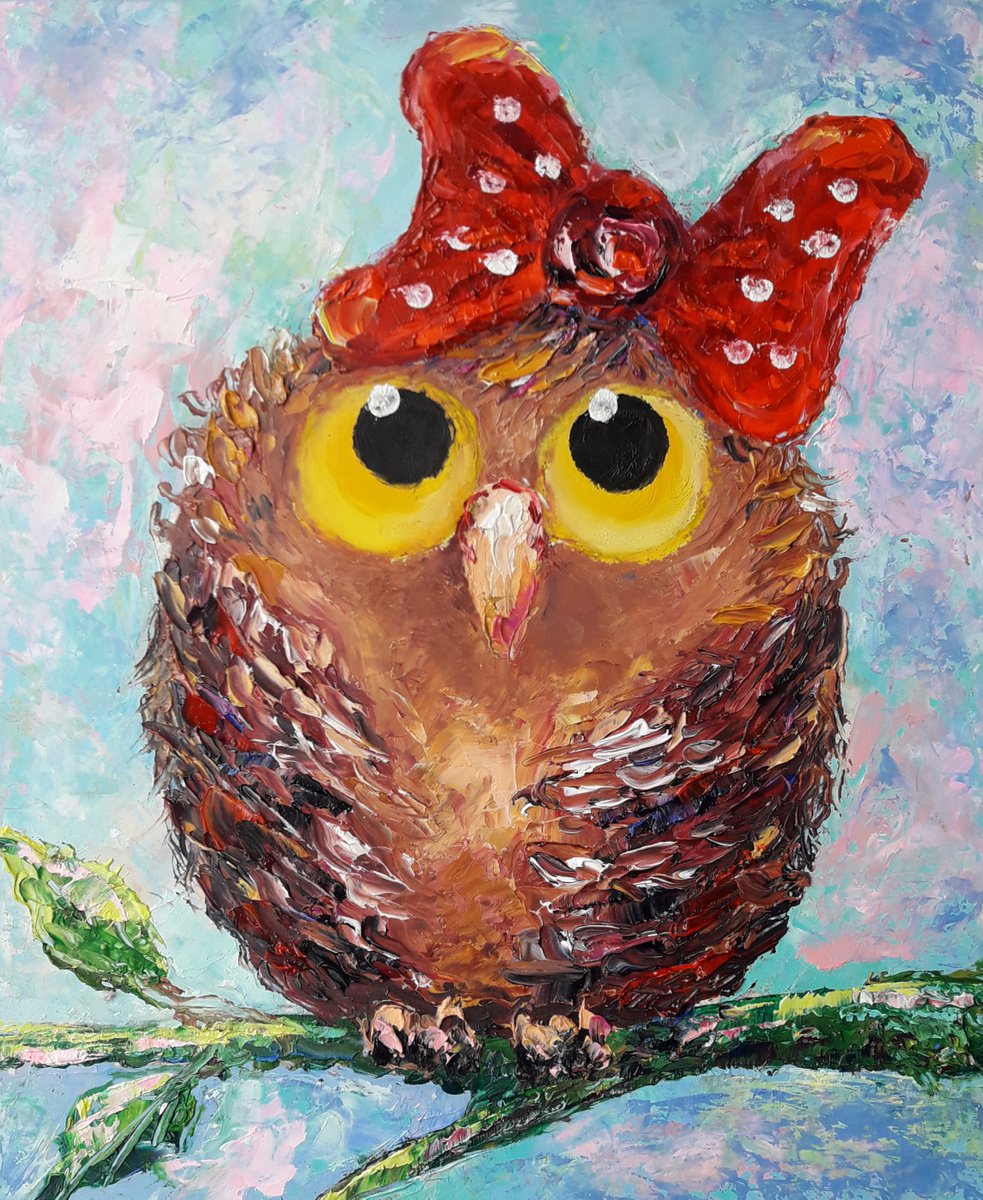 Owl painting Charming Owl Original Art Owl oil on cardboard Owl art Bright Eyed Owl bird a... by Kseniya Kovalenko
