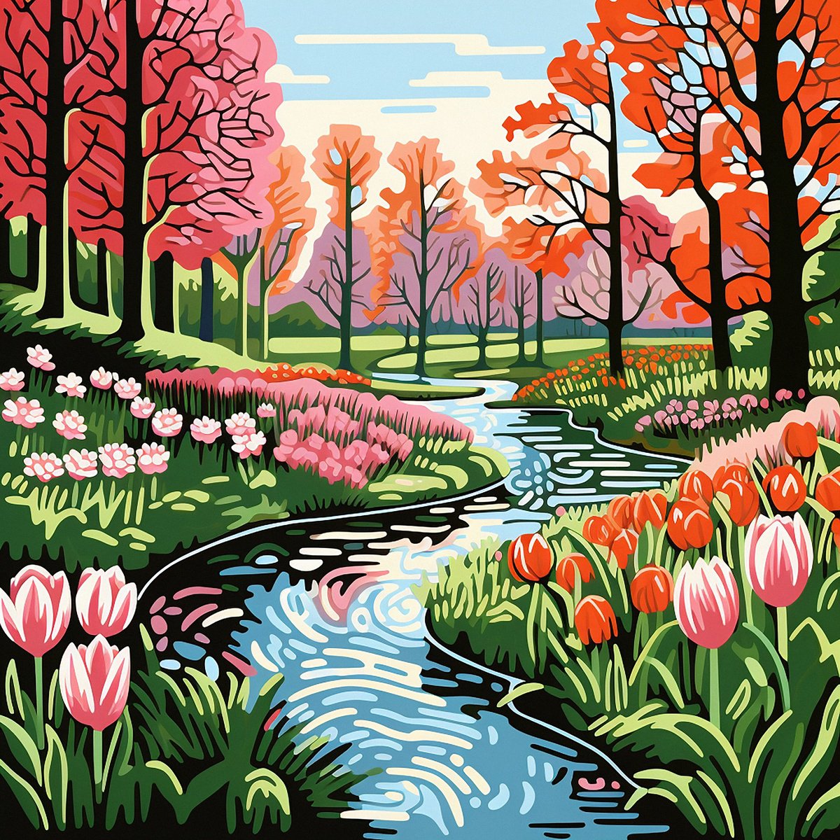 Impressionistic Landscape Acrylic Painting By Kosta Morr, 31 X 31", Flower Park Ii, Original Artwork