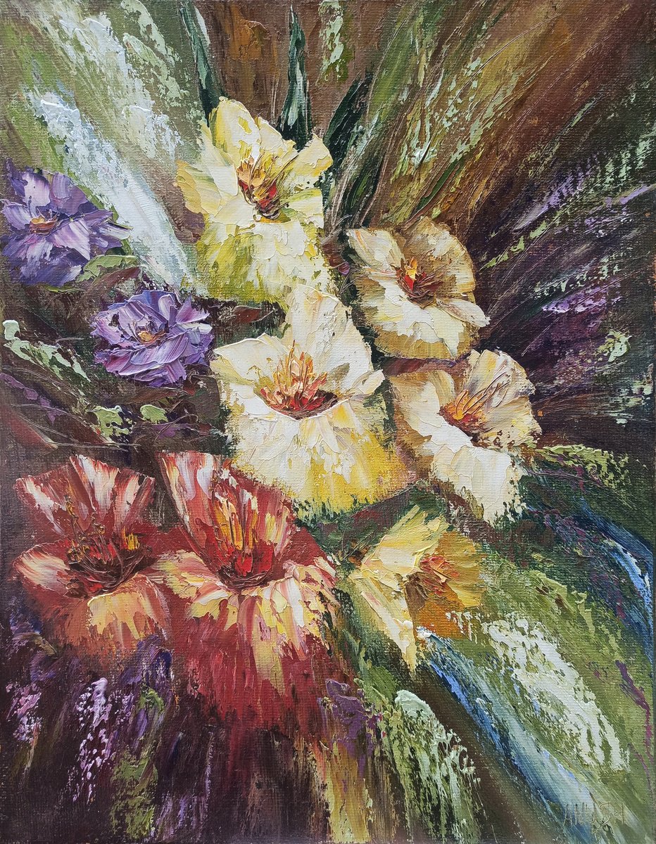 Abstract Botanical Oil Painting By Anush Emiryan, 24 X 31, Abstract Flowers, Original Artwork