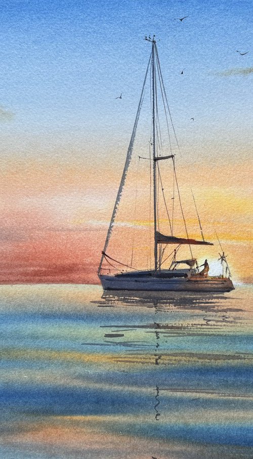 Yacht in the sea at sunset #2 by Eugenia Gorbacheva