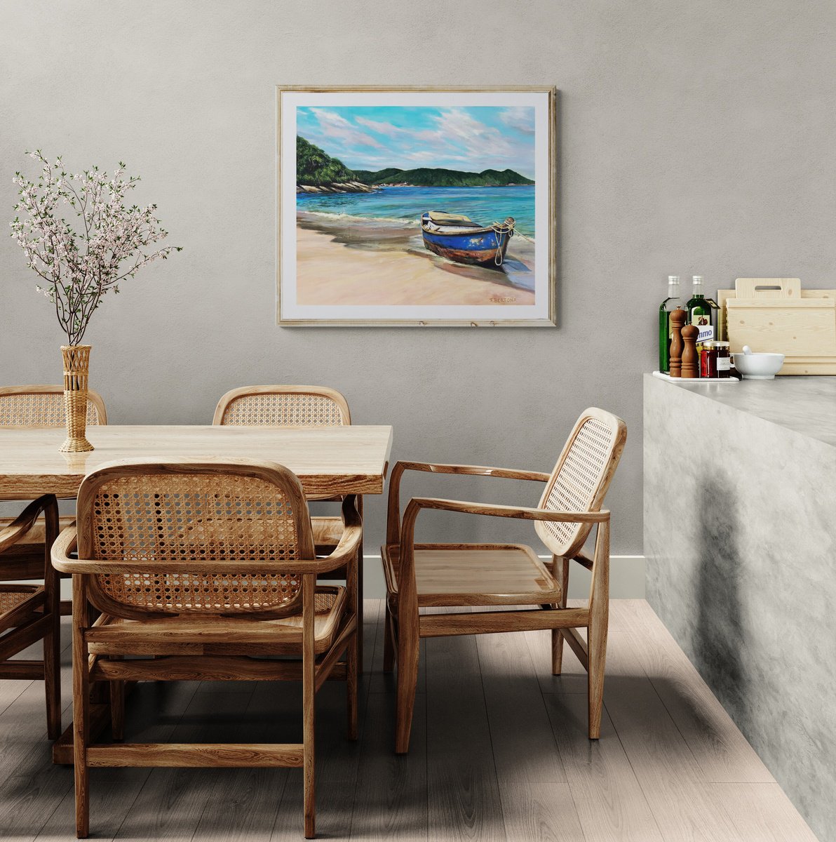 Photorealistic Landscape Acrylic Painting By Fabian Bertona, 24 X 20, The Blue Boat, Original Artwork