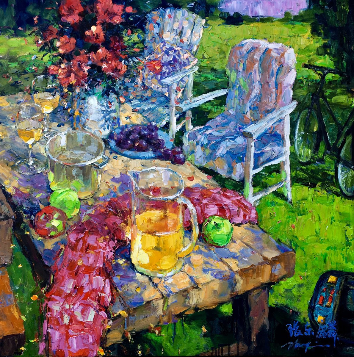 Impressionistic Botanical Oil Painting By Dong Lin Zhang, 30 X 30, In The Park, Original Artwork