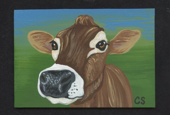 ACEO ATC Original Miniature Painting Brown Cow Farmyard Art-Carla Smale