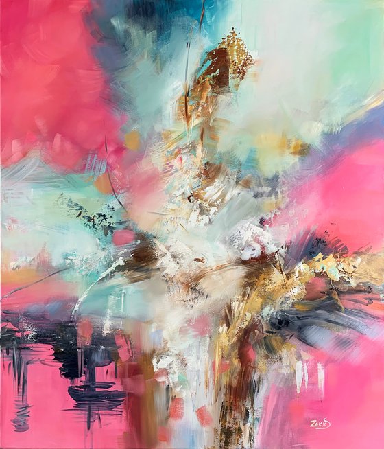 Sunset Seduction - abstract painting, pink teal white