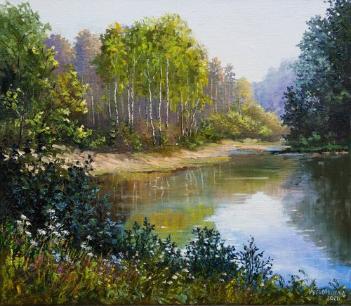 Forest lake. Oil painting. 16 x 14in. by Tetiana Vysochynska