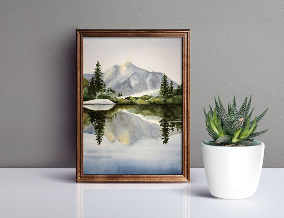 Morning Landscape ORIGINAL Watercolor Painting - Mountains, Forest, Lake, Nature