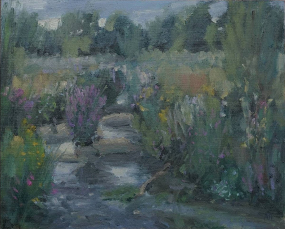 Impressionistic Botanical Oil Painting By Alex James Long, 12 X 9, River Windrush, Twilight, Original Artwork