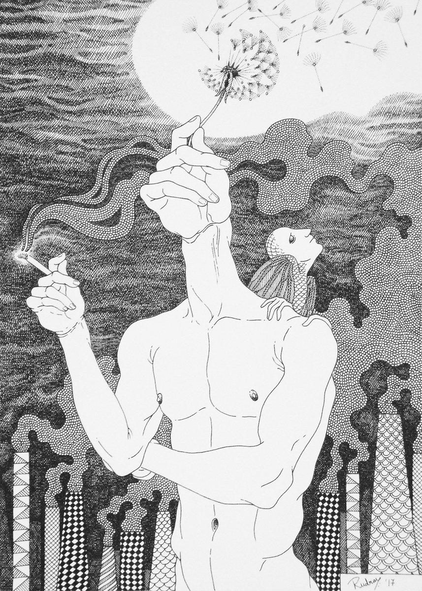 Surrealistic Portrait Ink Drawing By Rudra Kishore Mandal, 12 X 16", Panchamahabhoota 4 - Marut, Original Artwork