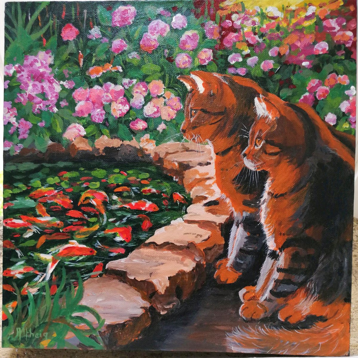 Impressionistic Animal Acrylic Painting By Martine Vinsot, 12 X 12", Cats And Fishes, Original Artwork