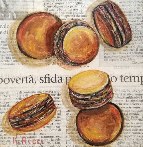 "Macaroons on Newspaper" Original Oil on Canvas Board Painting 6 by 6 inches (15x15 cm) by Katia Ricci