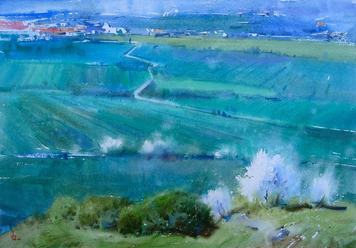 Impressionistic Landscape Watercolour By Maksym Kisilov, 23 X 16", "Spring Will Come", Original Artwork
