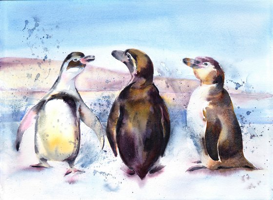 Three Amigos, Penguin watercolour painting