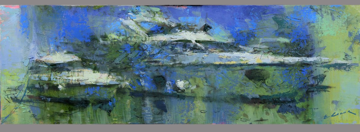 Expressive Landscape Oil Painting By Eugene Segal, 30 X 10, Yachts, Original Artwork