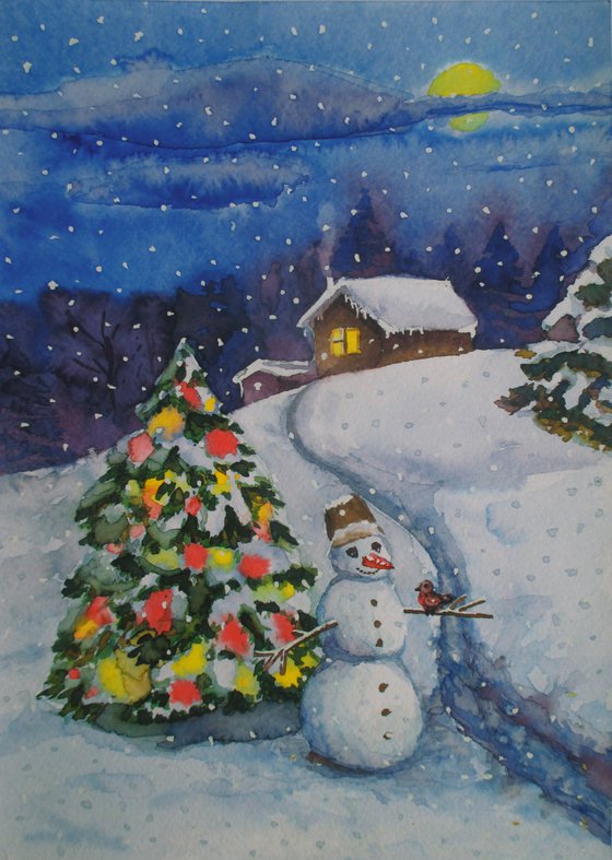 Night watchman, Christmas and New Year watercolor greeting card