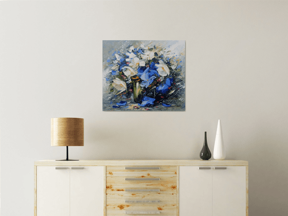 Abstract flowers in vase (60x70cm, oil painting, palette knife, ready to hang)