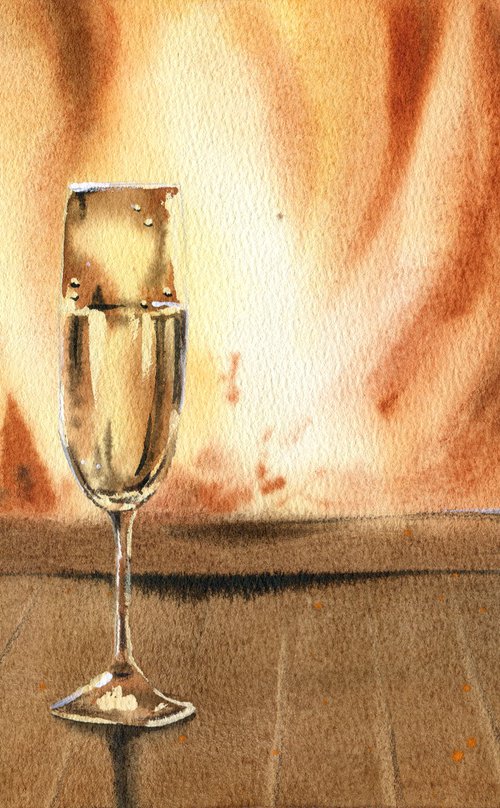 Cozy evening by the fireplace. Two glasses of champagne by the fireplace. Original watercolor artwork. by Evgeniya Mokeeva