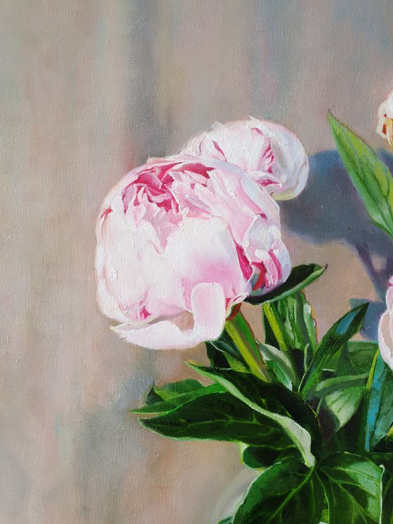 "A bouquet of peonies in a glass vase." still life peony pink summer  white liGHt original painting  GIFT (2020)