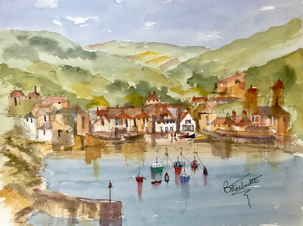 Impressionistic Landscape Watercolour By Brian Tucker, 16 X 12, Port Isaac In Cornwall, Original Artwork