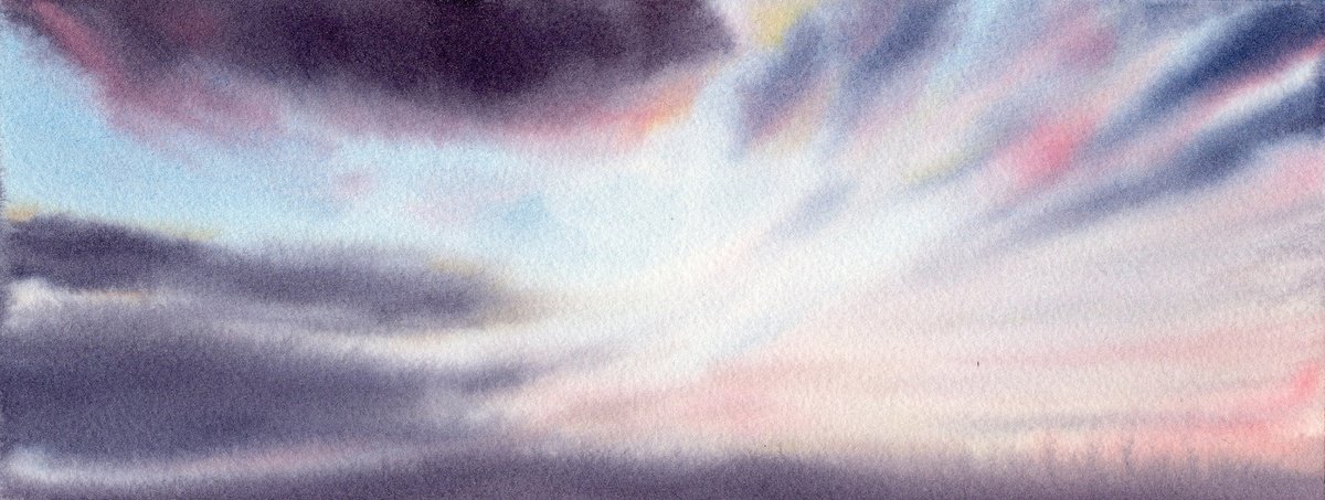 Abstract Landscape Watercolour By Alona Hryn, 11 X 4, Cloud Reverie, Original Artwork