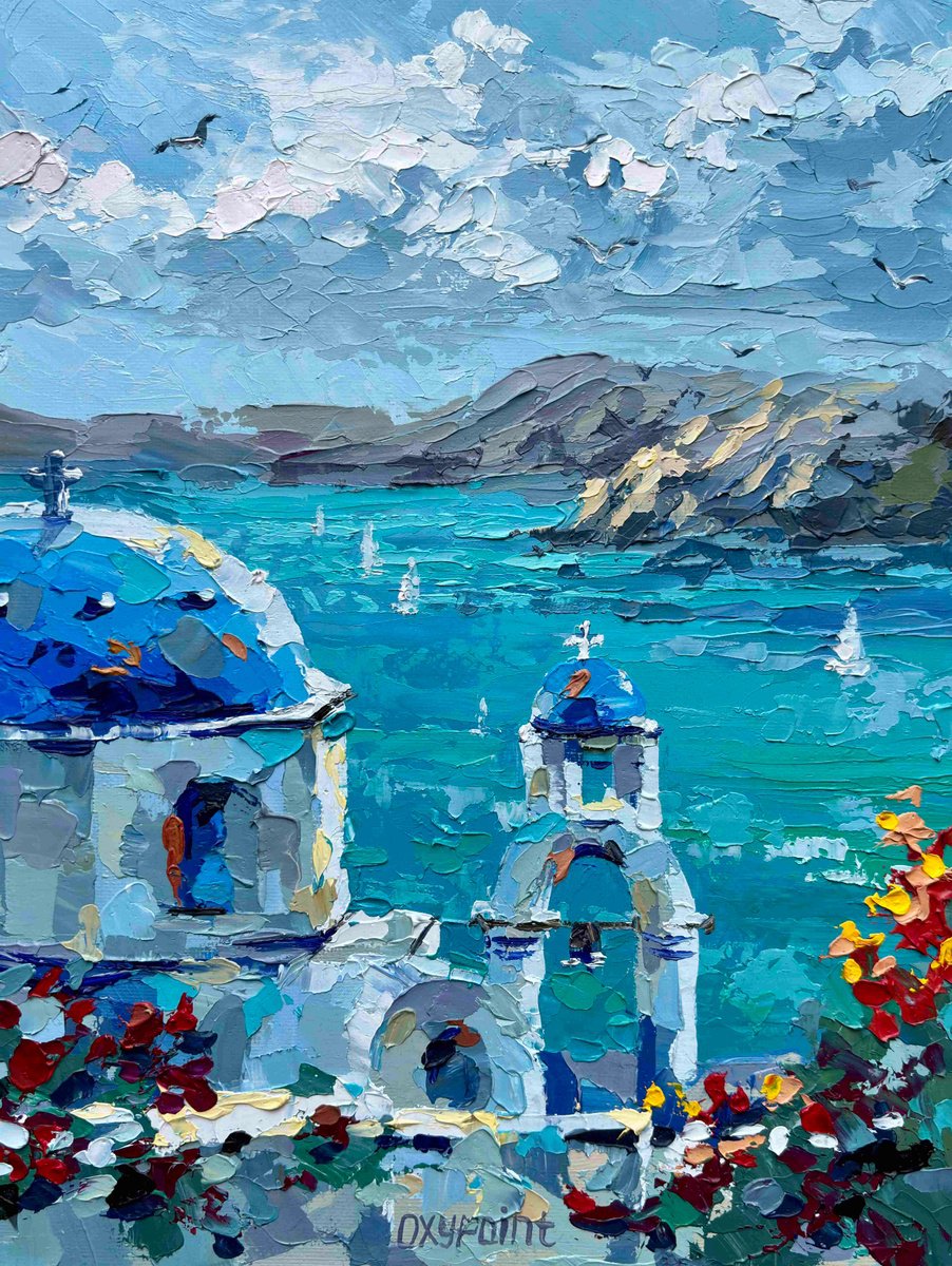 Impressionistic Landscape Oil Painting By Oxypoint, 9 X 12", "Santorini", Original Artwork