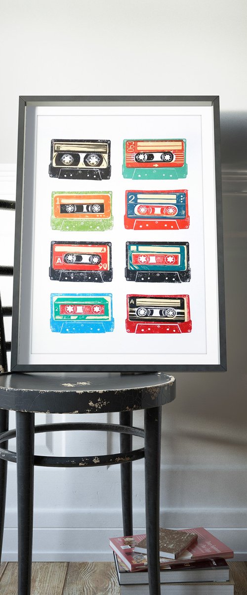Linocut tapes #36 (cassette tapes, retro music, 70's, 80's rock culture) by Carolynne Coulson