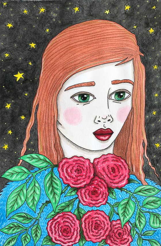 Stars and Roses - Original mixed media painting