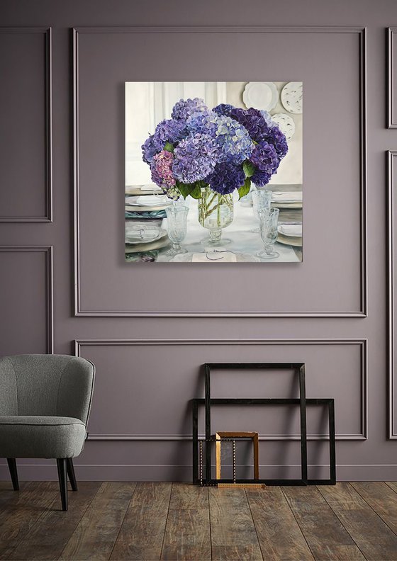 Big oil painting with purple hydrangea 120*120 cm