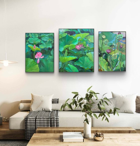 Lotus pond. Seed pods