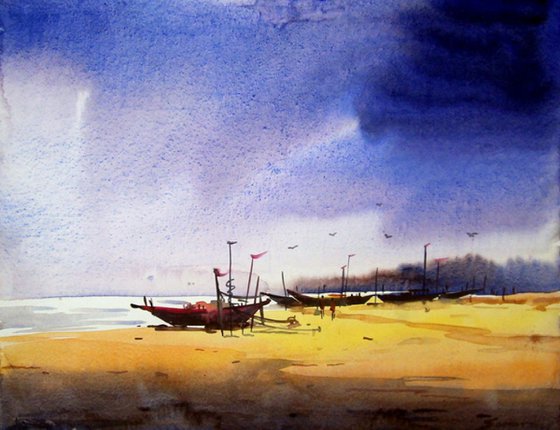 Fishing Boat and Monsoon day-Watercolor on Paper