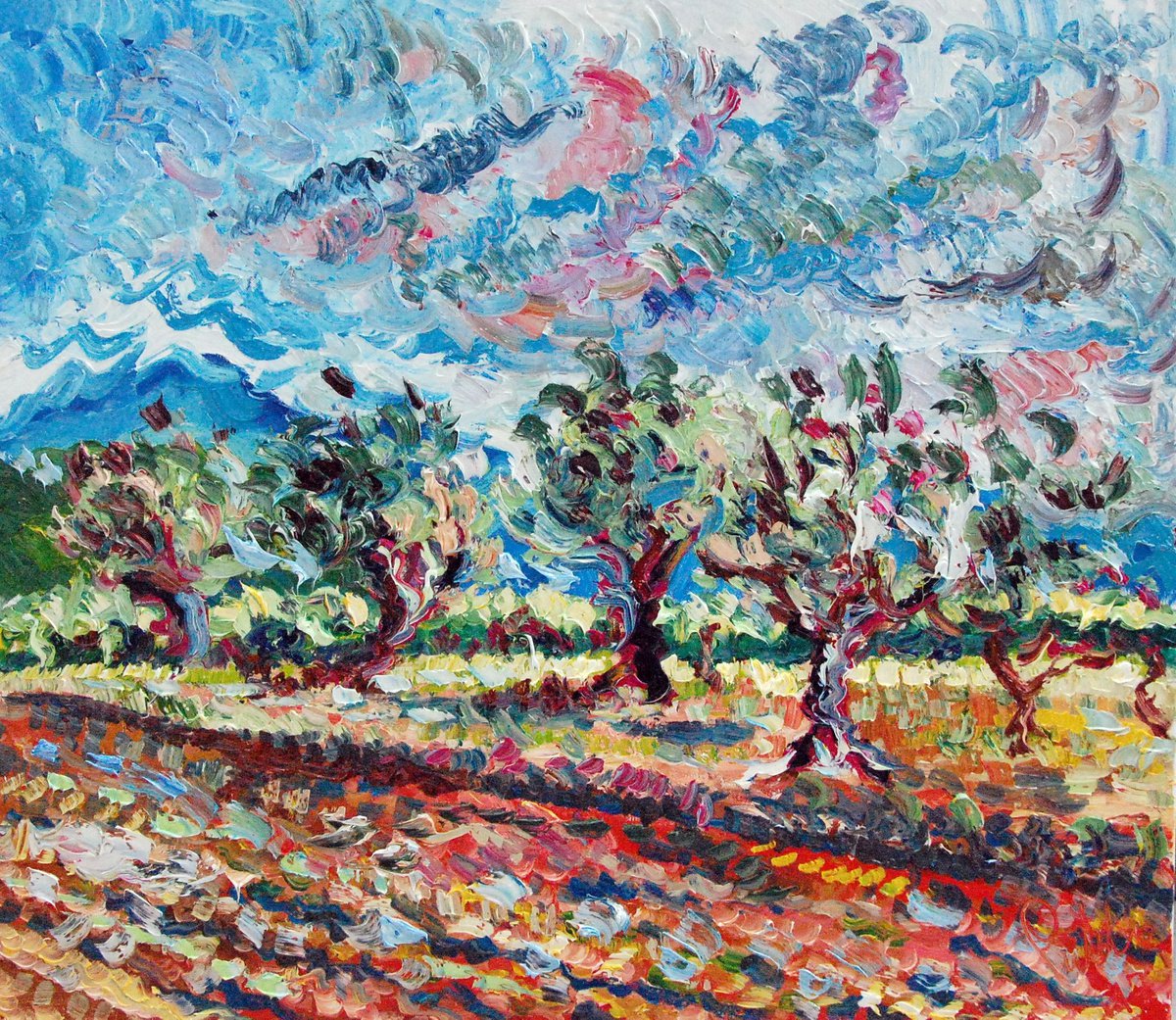 Impressionistic Botanical Oil Painting By Antonino Puliafico, 31 X 28, Dopo La Pioggia 70X80Cm, Original Artwork