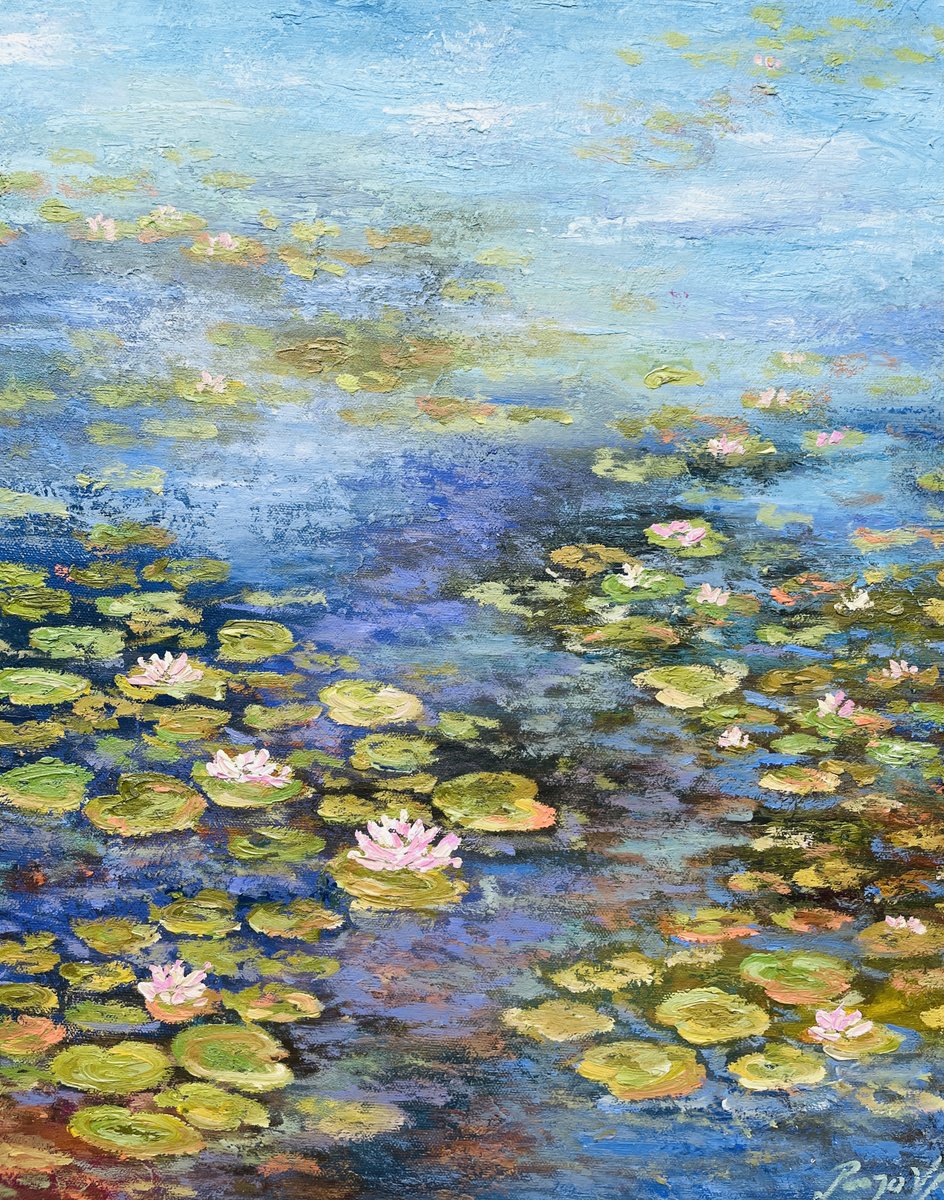 Impressionistic Botanical Oil Painting By Pooja Verma, 16 X 20", Blue Waterlily Pond, Original Artwork