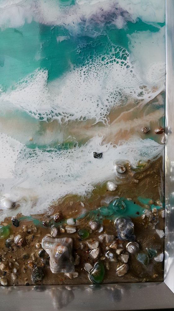 Diptych Azure sea - original resin painting, frame