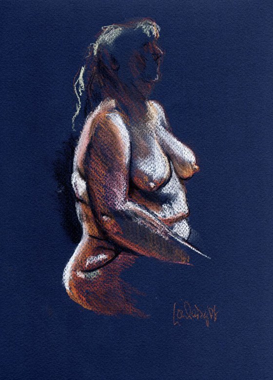 Female nude - seated - blue background