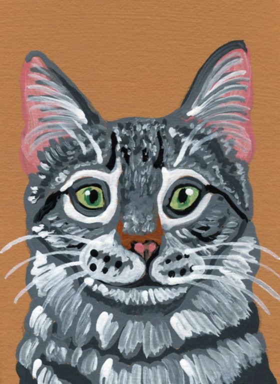 ACEO ATC Original Miniature Painting Gray Tabby Cat Pet Feline Art-Carla Smale