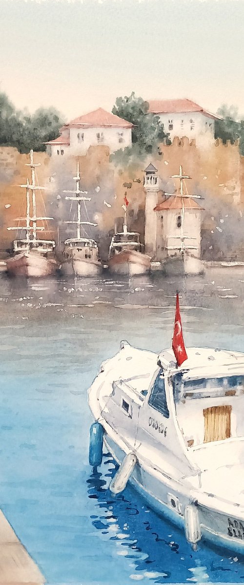 White Boat in Antalya Old Harbor by Elena Karakoyun