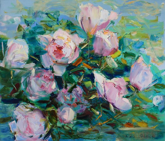 Peonies on blue a la prima