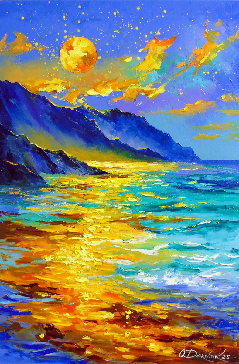 Impressionistic Landscape Oil Painting By Olha Darchuk, 16 X 24", Full Moon Over The Sea, Original Artwork