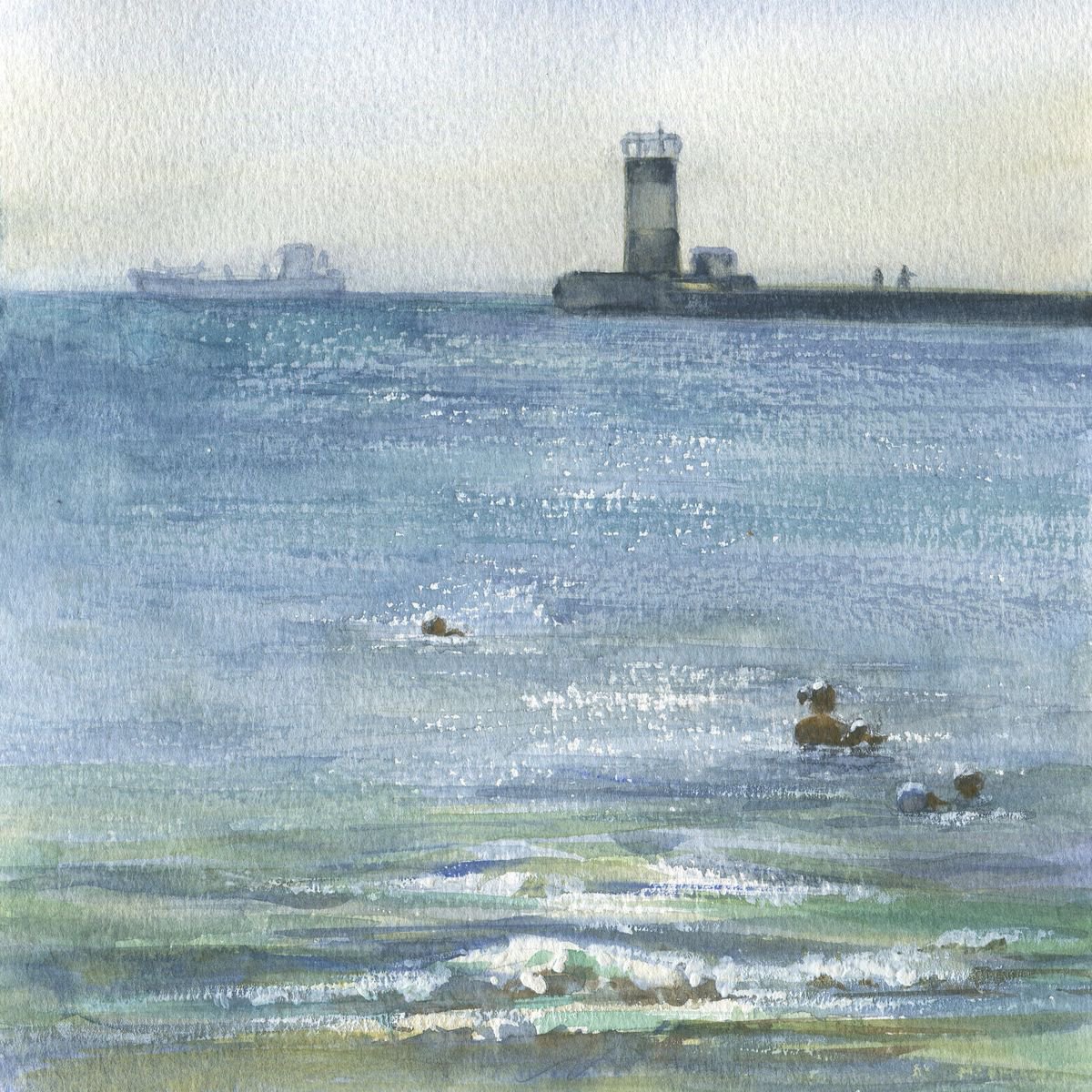 Marine sketch. At midday near a lighthouse / Small watercolor seascape by Olha Malko