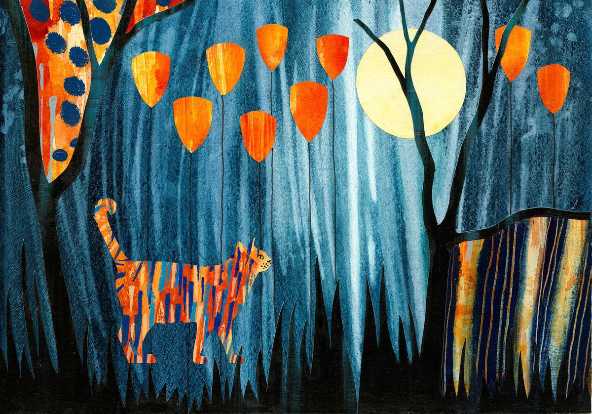 Animal Painting By Rebecca Vincent, 11 X 7", Cat And The Moon, Original Artwork