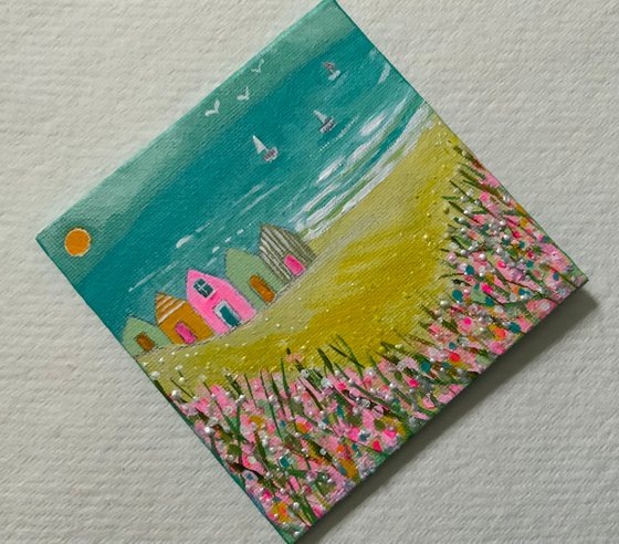 Beach Huts, 10x10cm small acrylic landscape canvas board painting