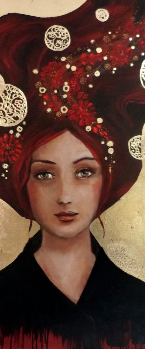 Woman portrait with red hairs "Traveling thoughts" 60x81cm by Loetitia Pillault