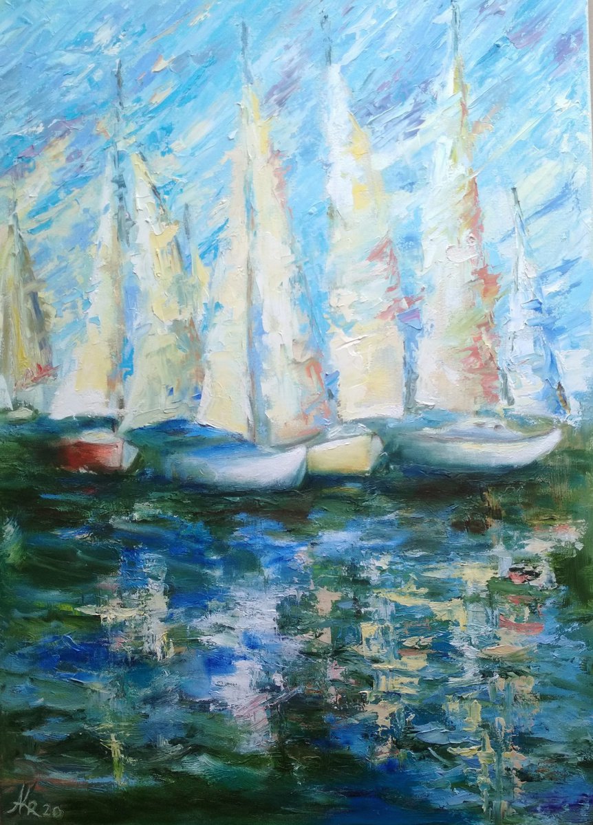 Impressionistic Landscape Oil Painting By Ann Krasikova, 20 X 28, Sailboats, Original Artwork