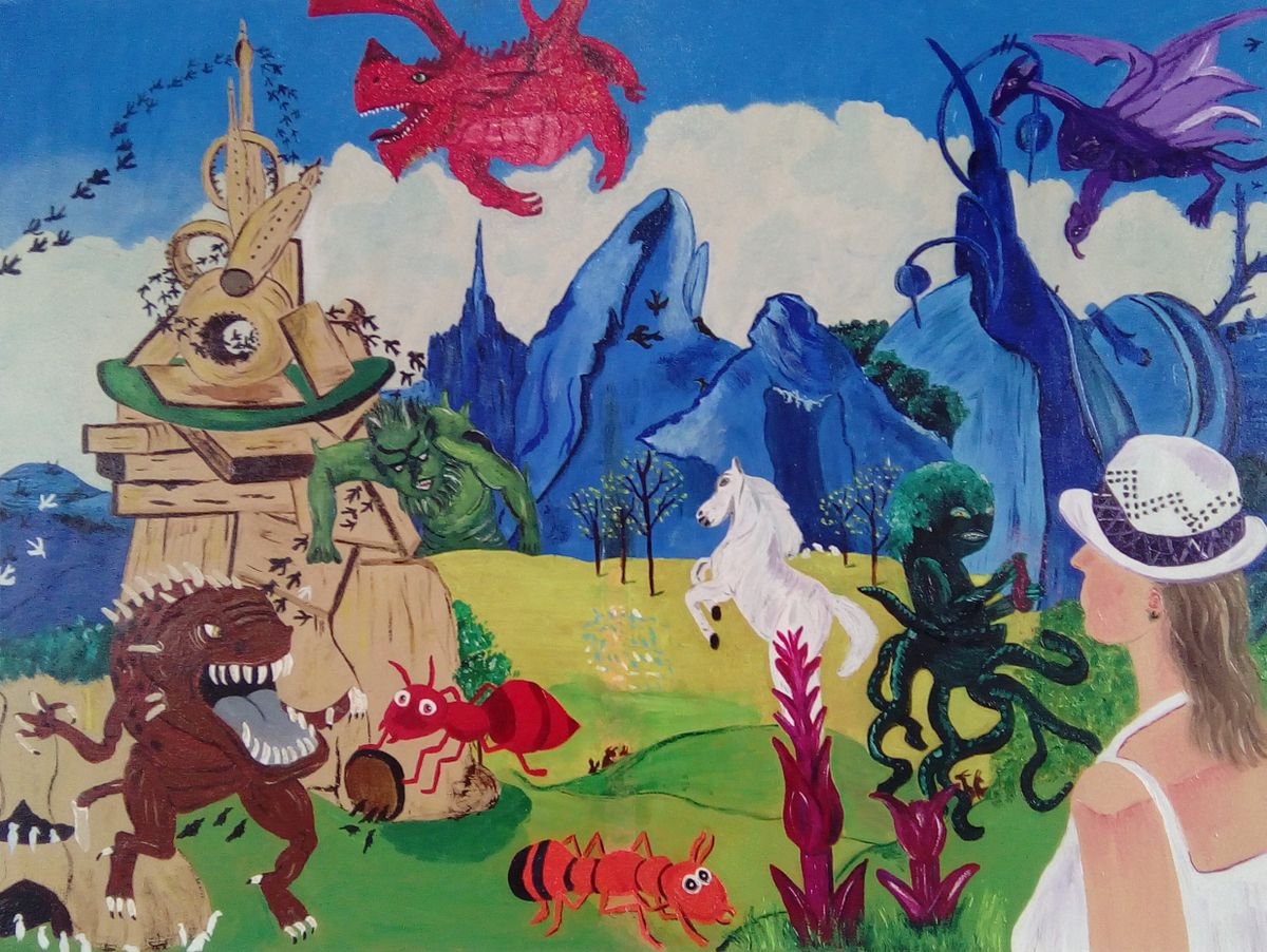 Surrealistic Animal Oil Painting By Corinne Hamer, 32 X 24, Looking At Monstrosity Of Life, Original Artwork