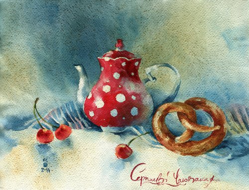 "Summer still life with cherries" - original watercolor artwork by Ksenia Selianko