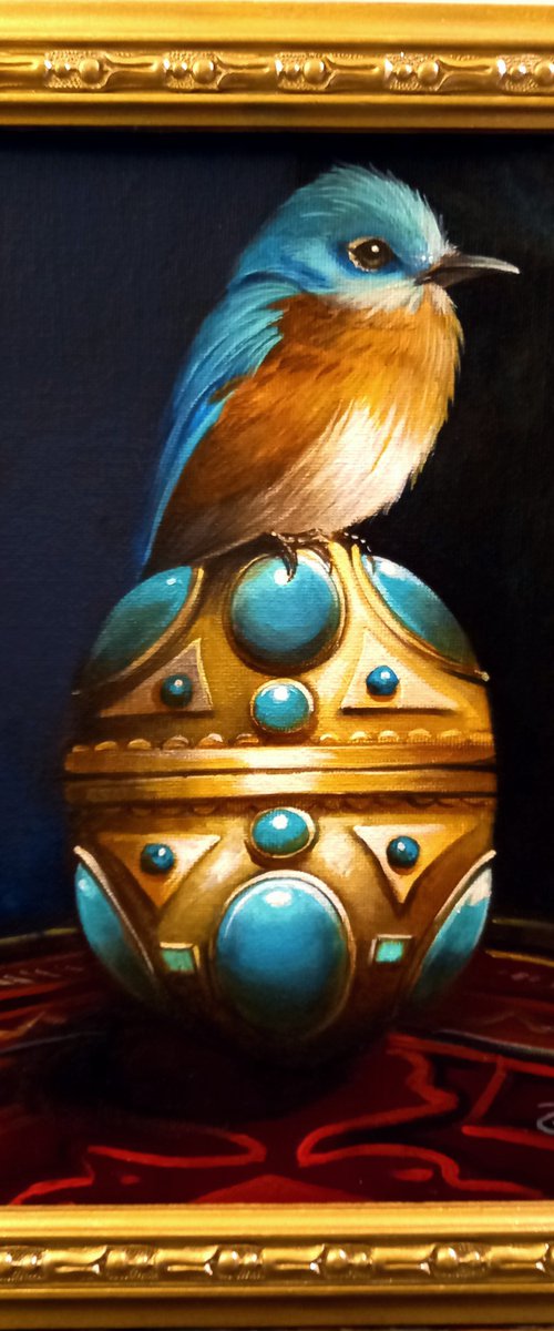 Sweet little blue bird - original acrylic on canvas framed- 26 x 31 cm /10 x 12 inches by Valentina Toma' aka Zoe Chigi