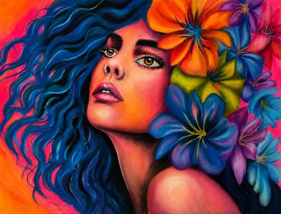 Surreal Floral Goddess - Oil Pastel Portrait