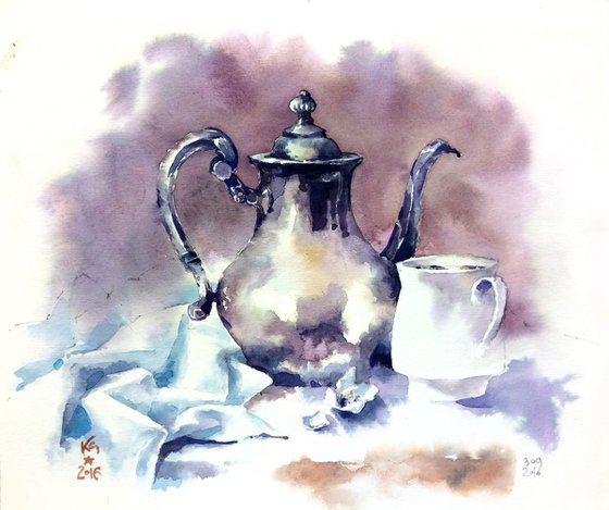 Modern still life "Tea drinking with flowers" original watercolor sketch