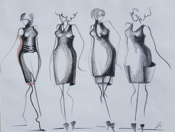 Three minimal Fashion sketch, twelve women.