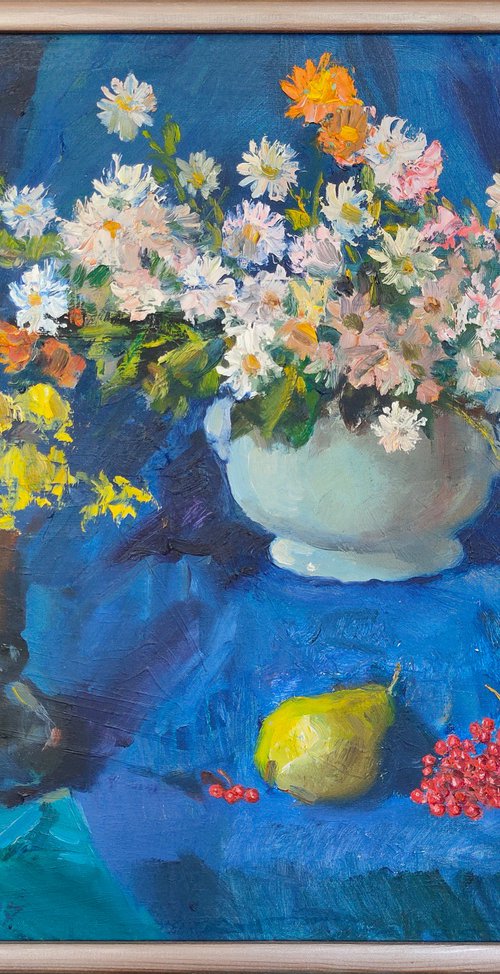 Chrysanthemums on a blue background by Viktor Mishurovskiy