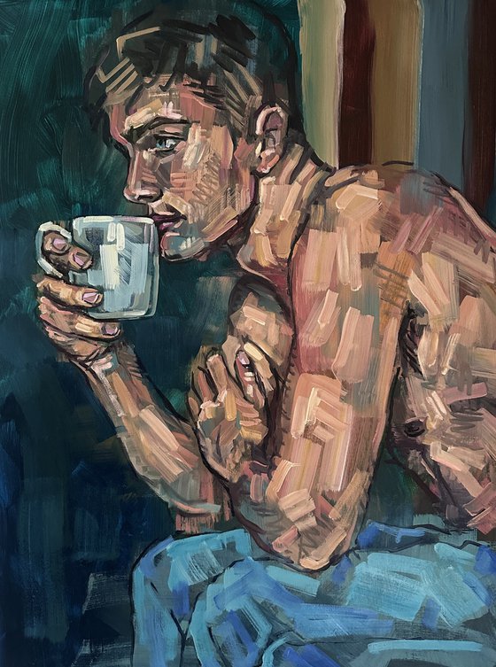 Naked man drinking coffee, male nude gay oil painting